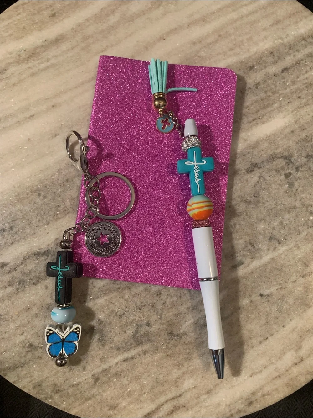 Pink Beaded Pen and Keychain Set with Cross Charm